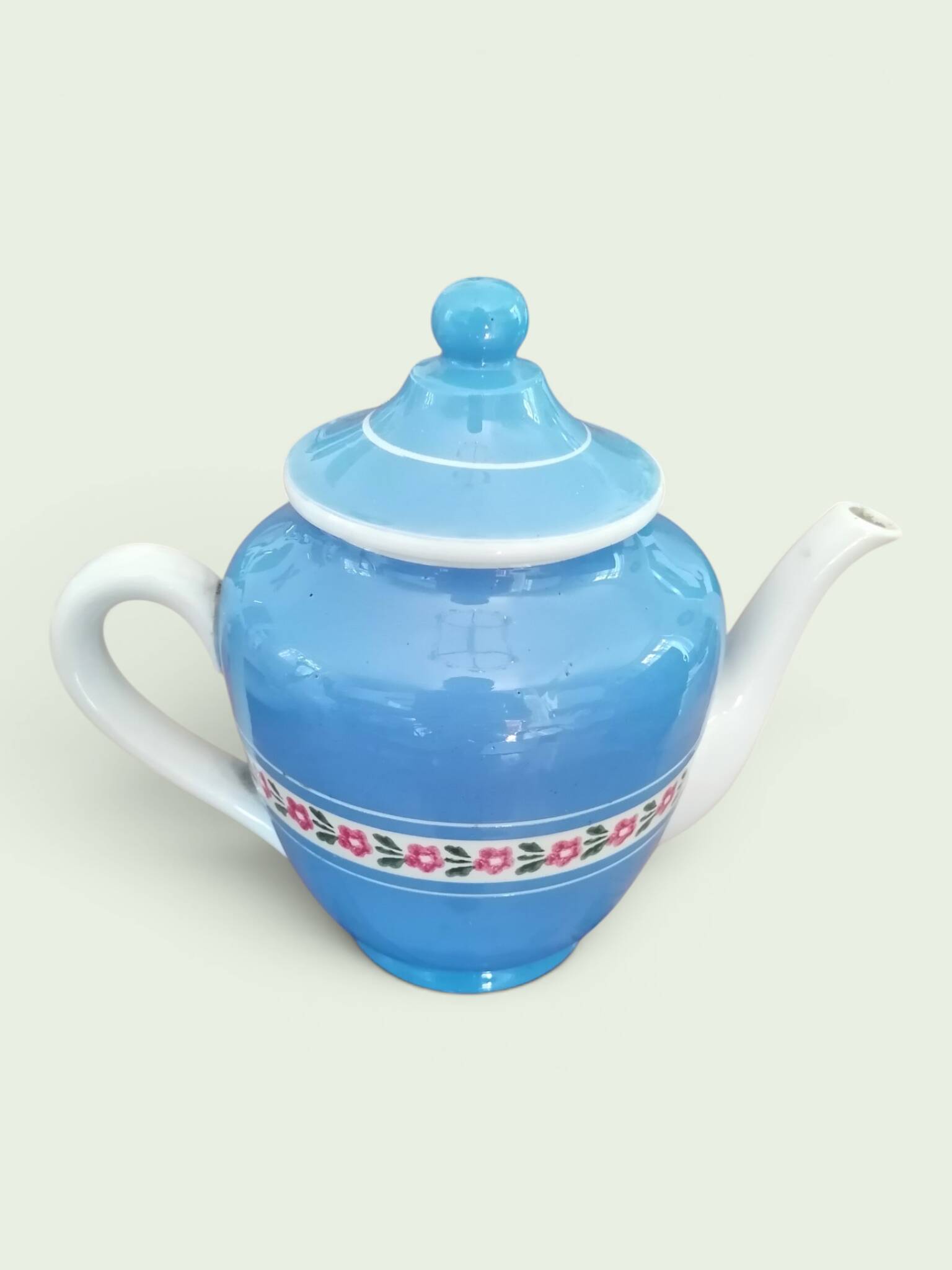 Service à thé en faience ancienne bleu et rose. Sarreguemine 1950
