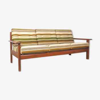 Danish design teak sofa with green striped cushions, 1960's