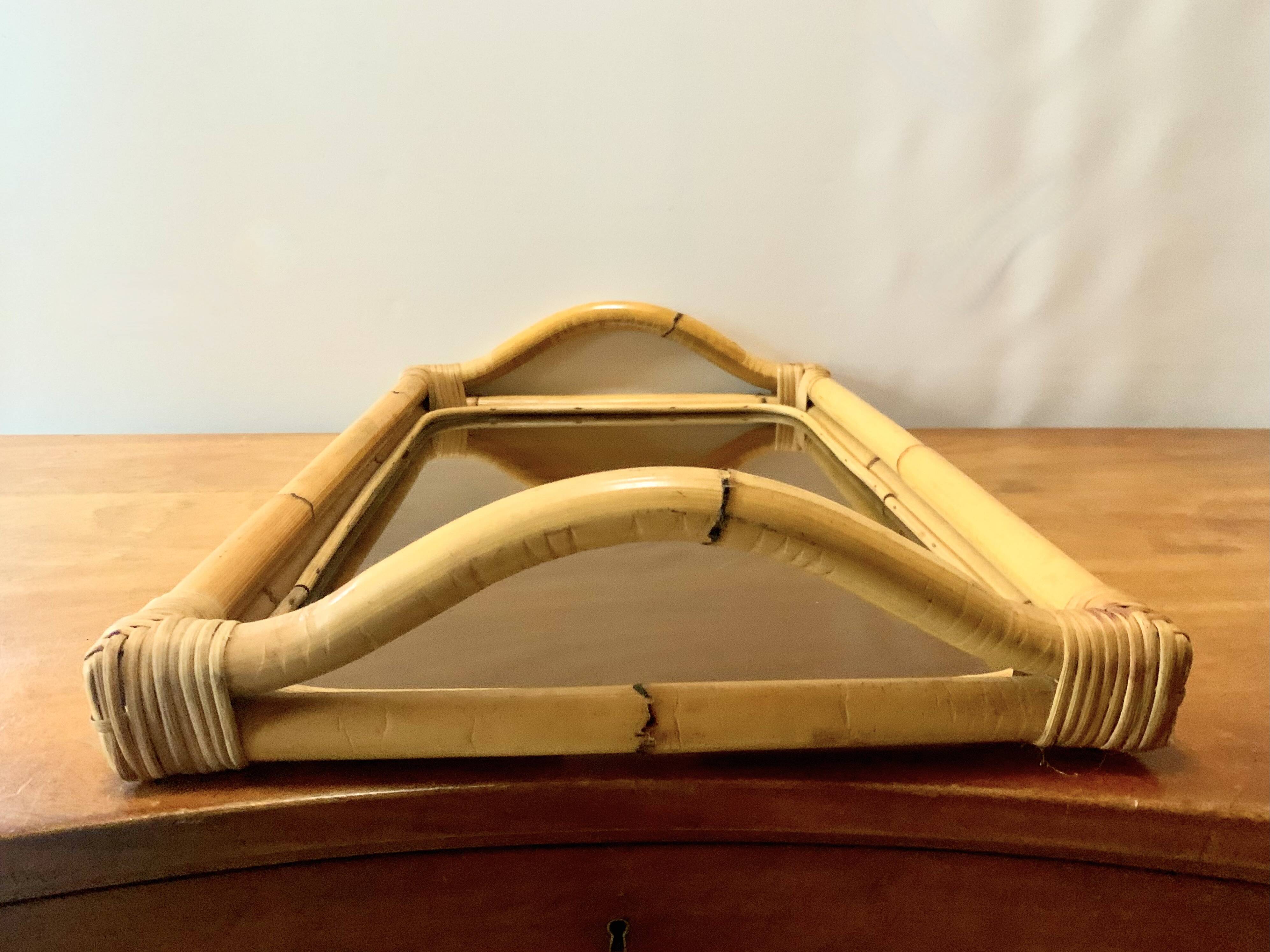 Large vintage tray in bamboo and smoked glass