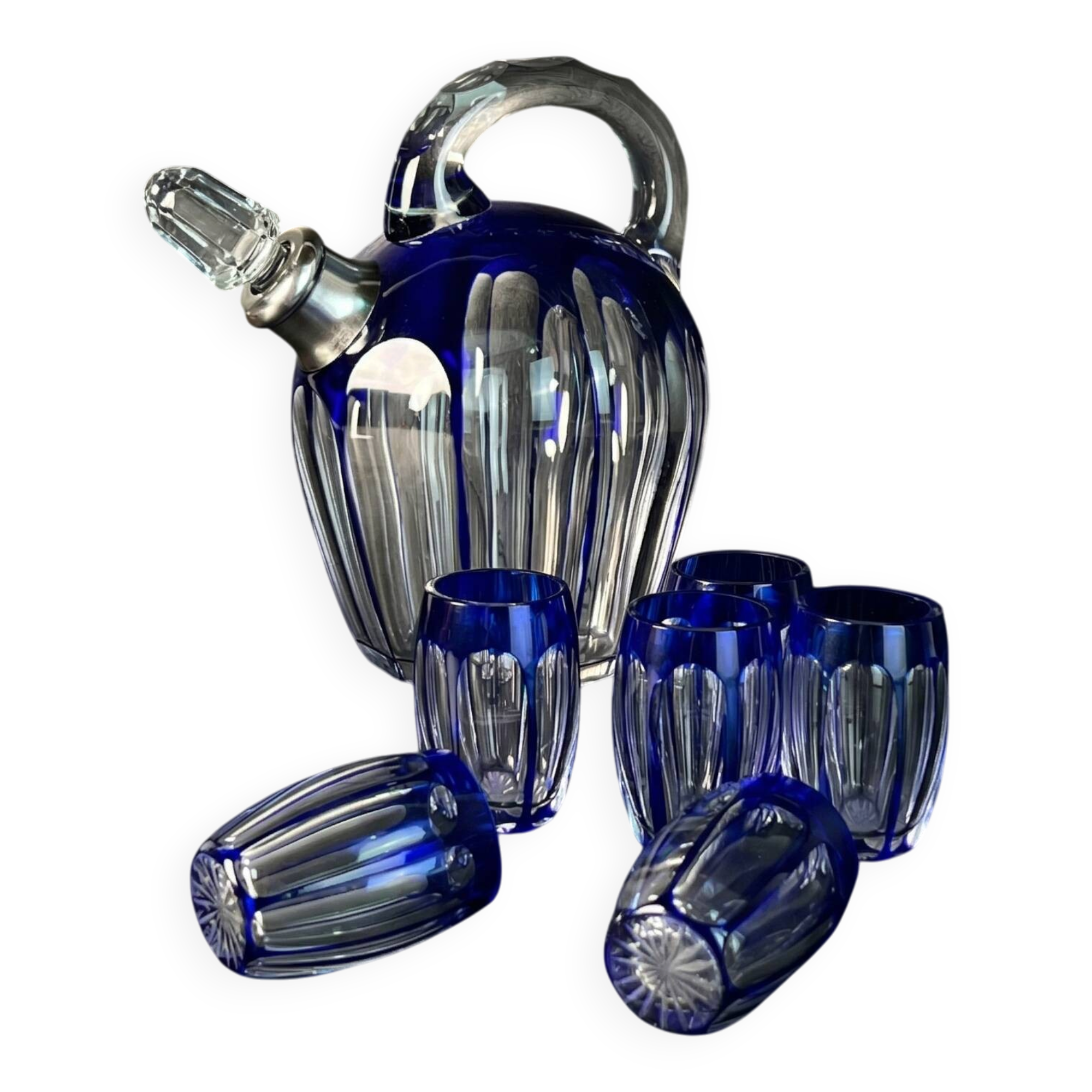 Art Deco liqueur service in crystal - Saint-Louis, silver Minerva rim
