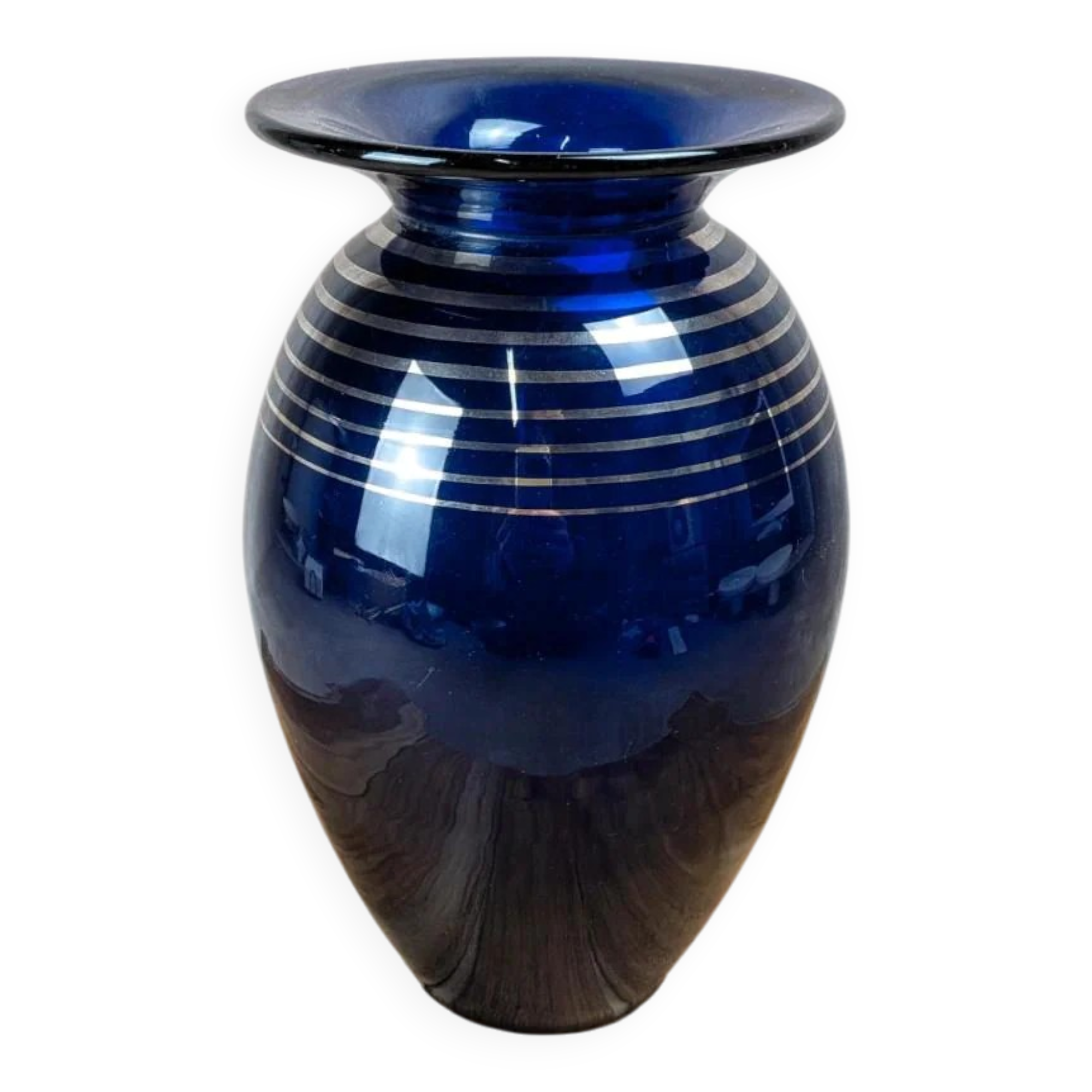 Antique cobalt blue glass vase with golden filigree.