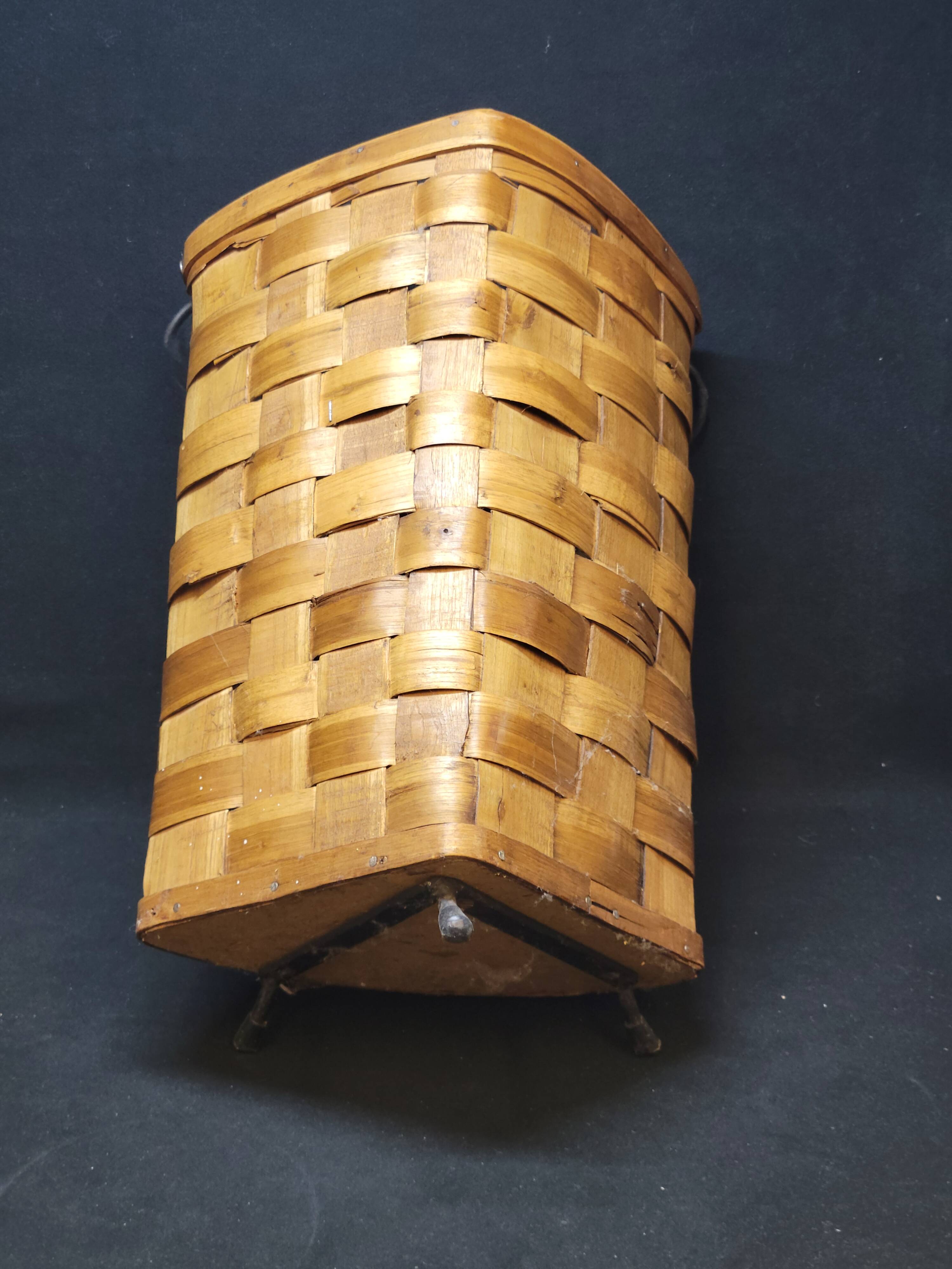 Antique vintage corner woven wooden basket umbrella holder / basket