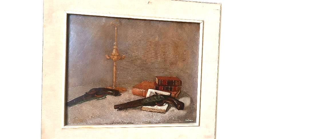 Oil painting on faesite books and lamp - signed 70s