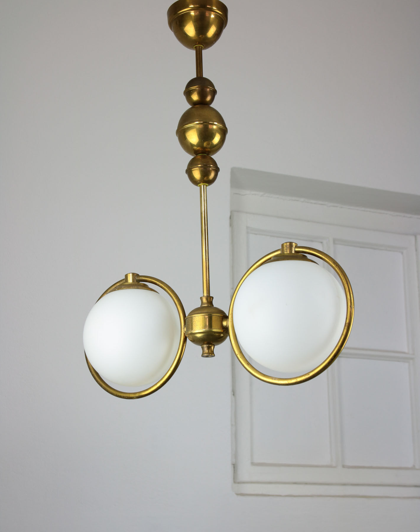Mid-Century Brass & Opaline Glass Chandelier