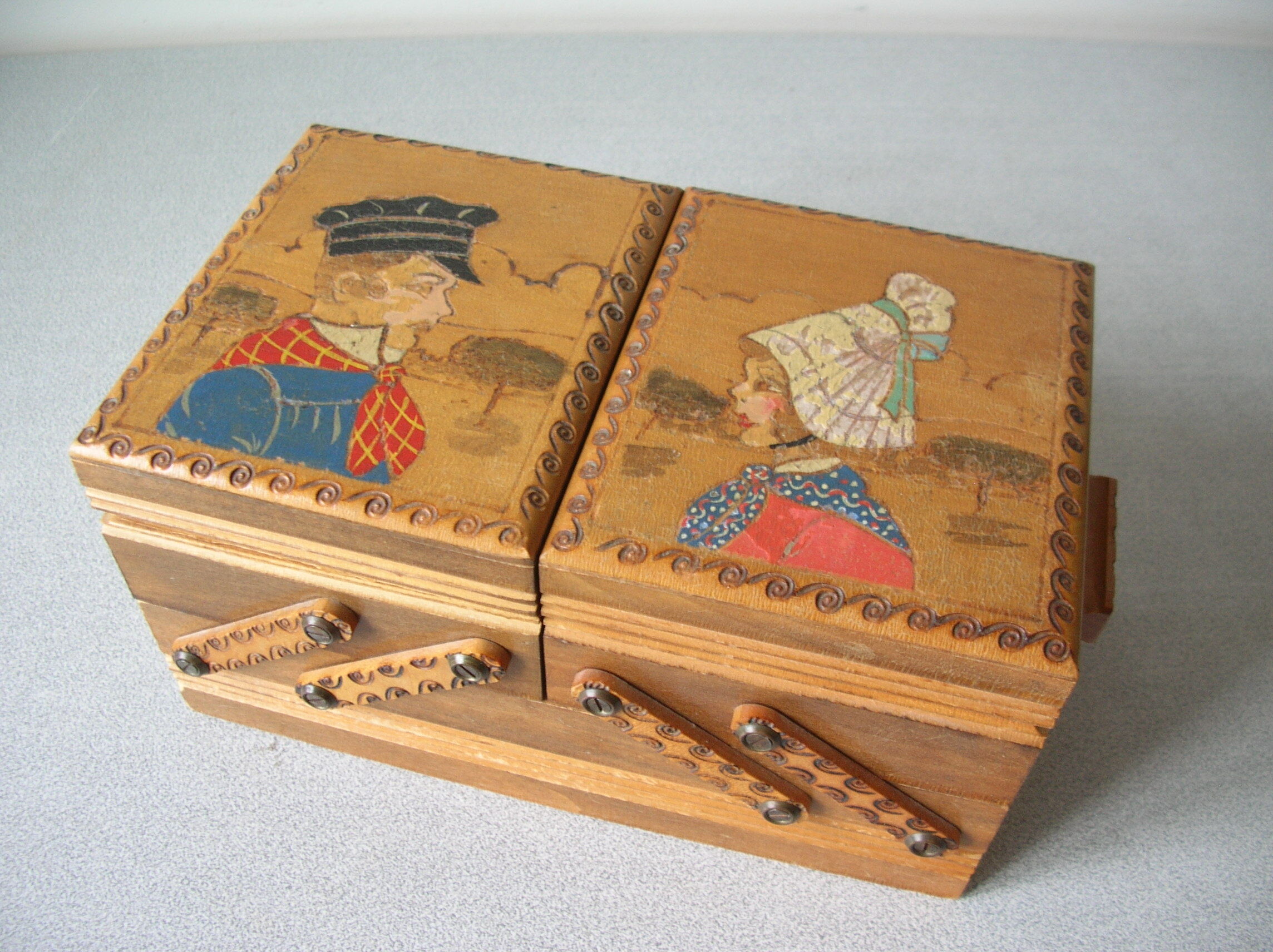 Former worker sewing box in carved wood decoration Normandy