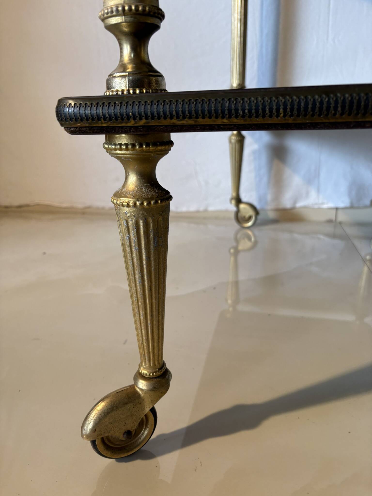 Vintage trolley on wheels, black wood and brass uprights