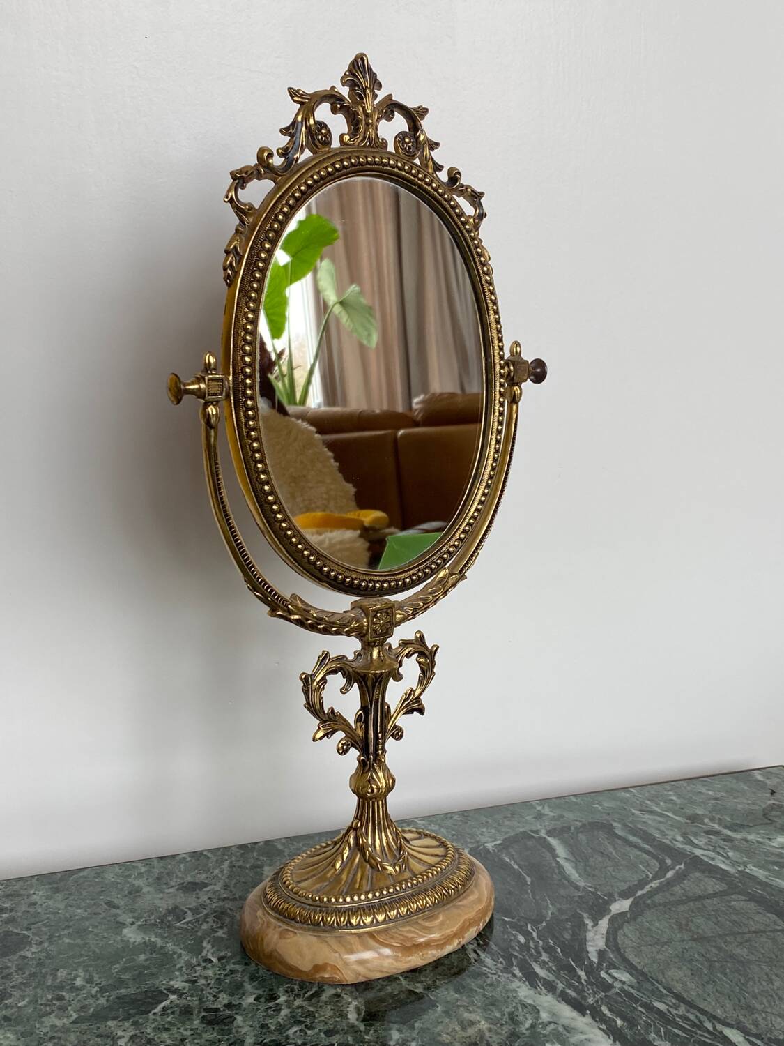 Miroir de Table Victorien Vintage en Laiton sur Base en Marbre, 1950s