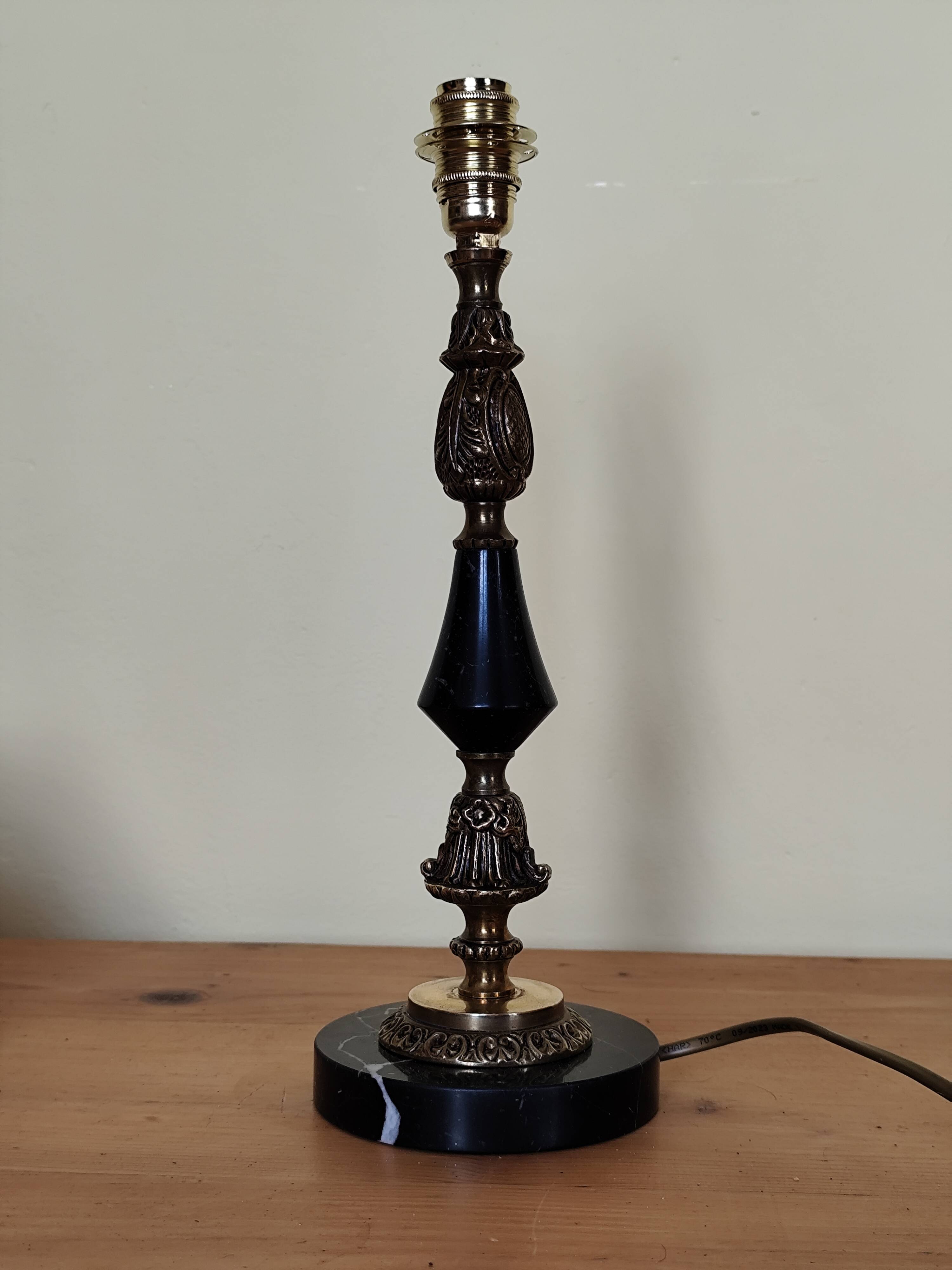 Table lamp base candlestick in chiselled brass and marble base.
