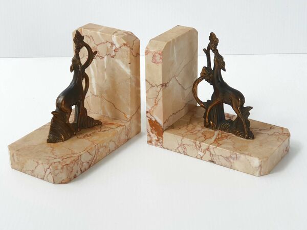 Paire de serre-livres faons vintage en bronze & marbre 1940 1940 40s 50s