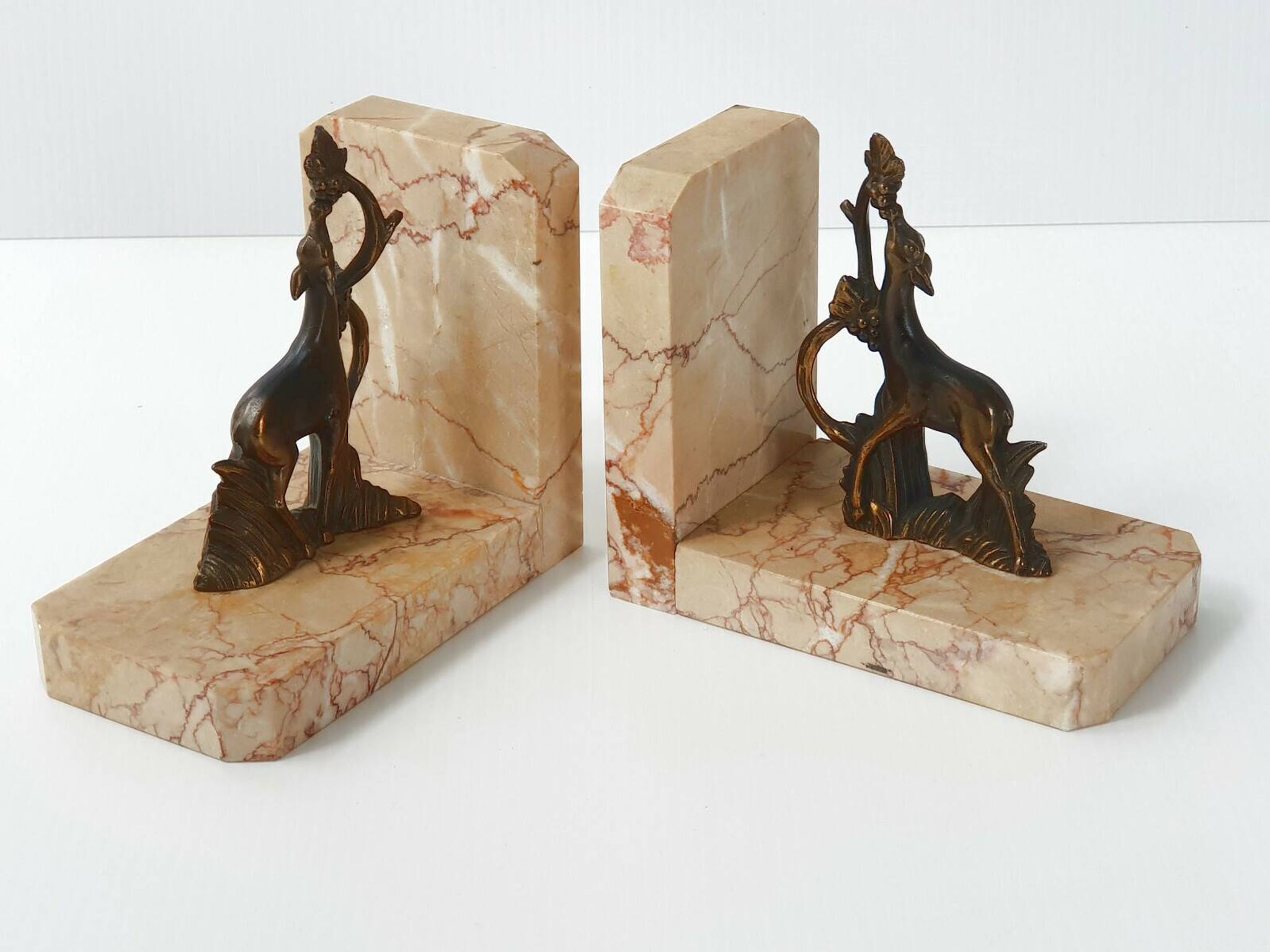 Vintage bronze & marble fawn bookends 1940s 50s