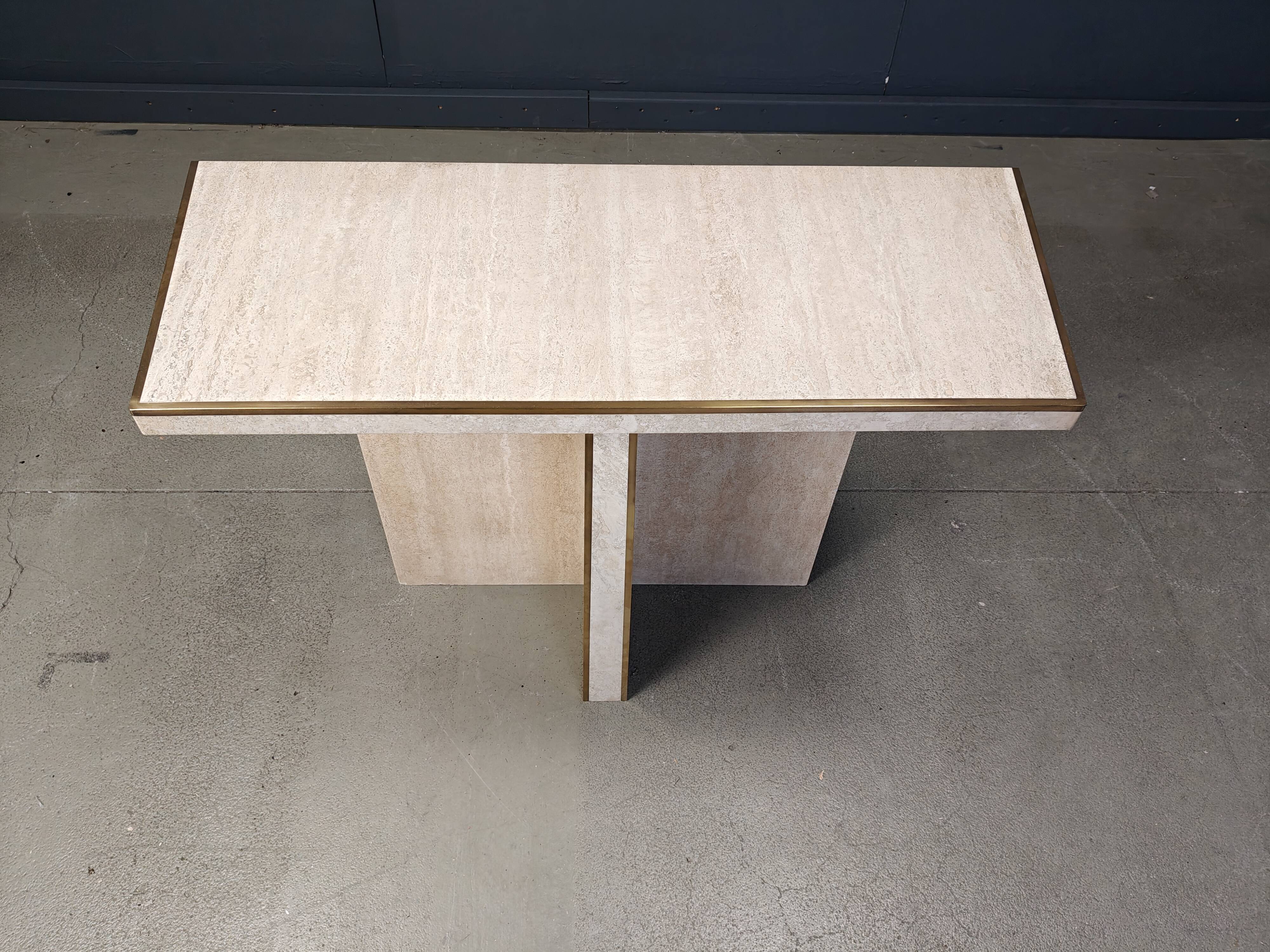 Vintage travertine and brass console table, 1970s