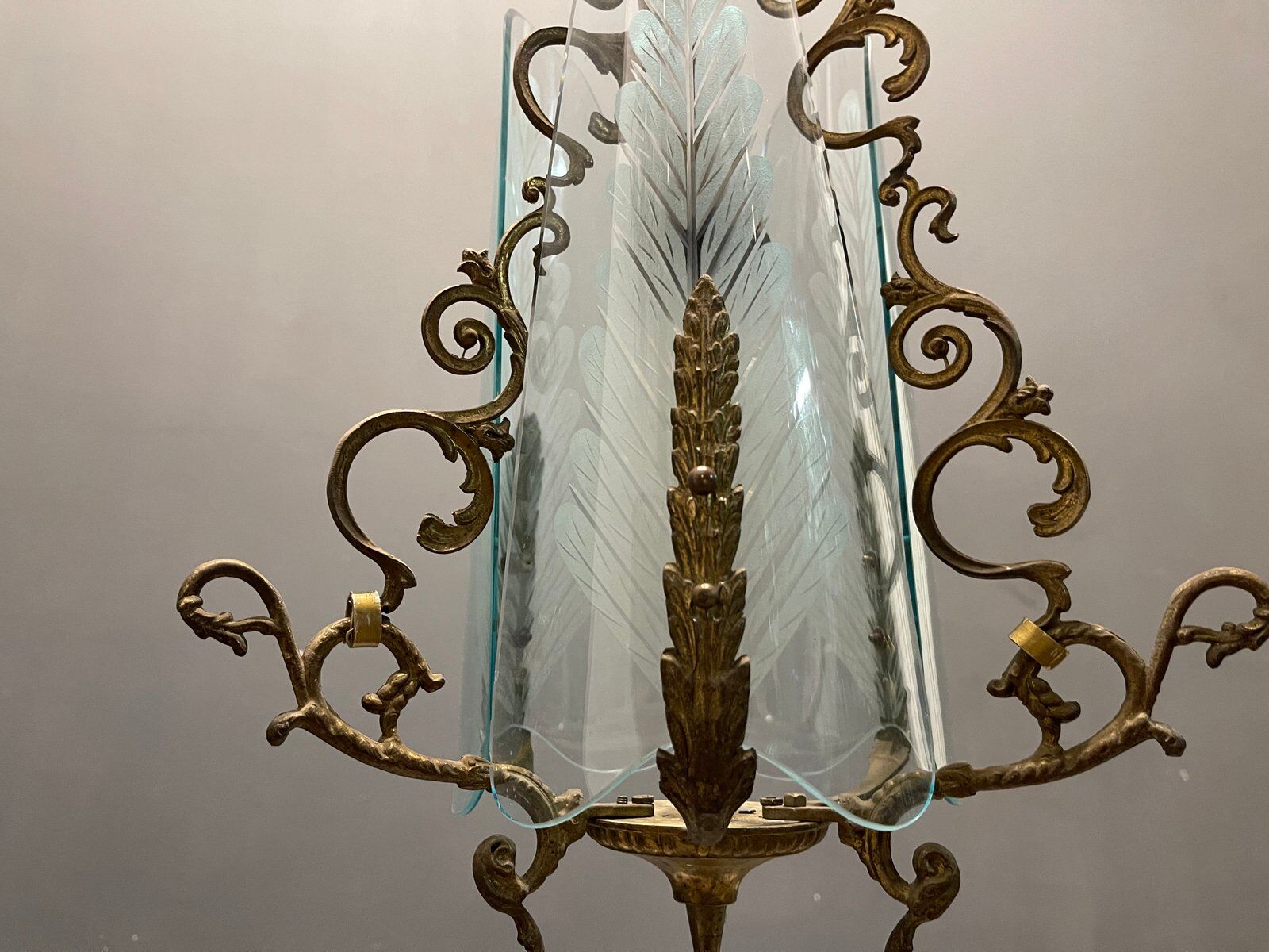 Italian art deco bronze and etched glass pendant lamp