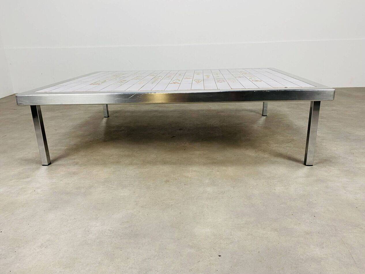 Square ceramic tile coffee table by Roger Capron, flowers, 1950s.