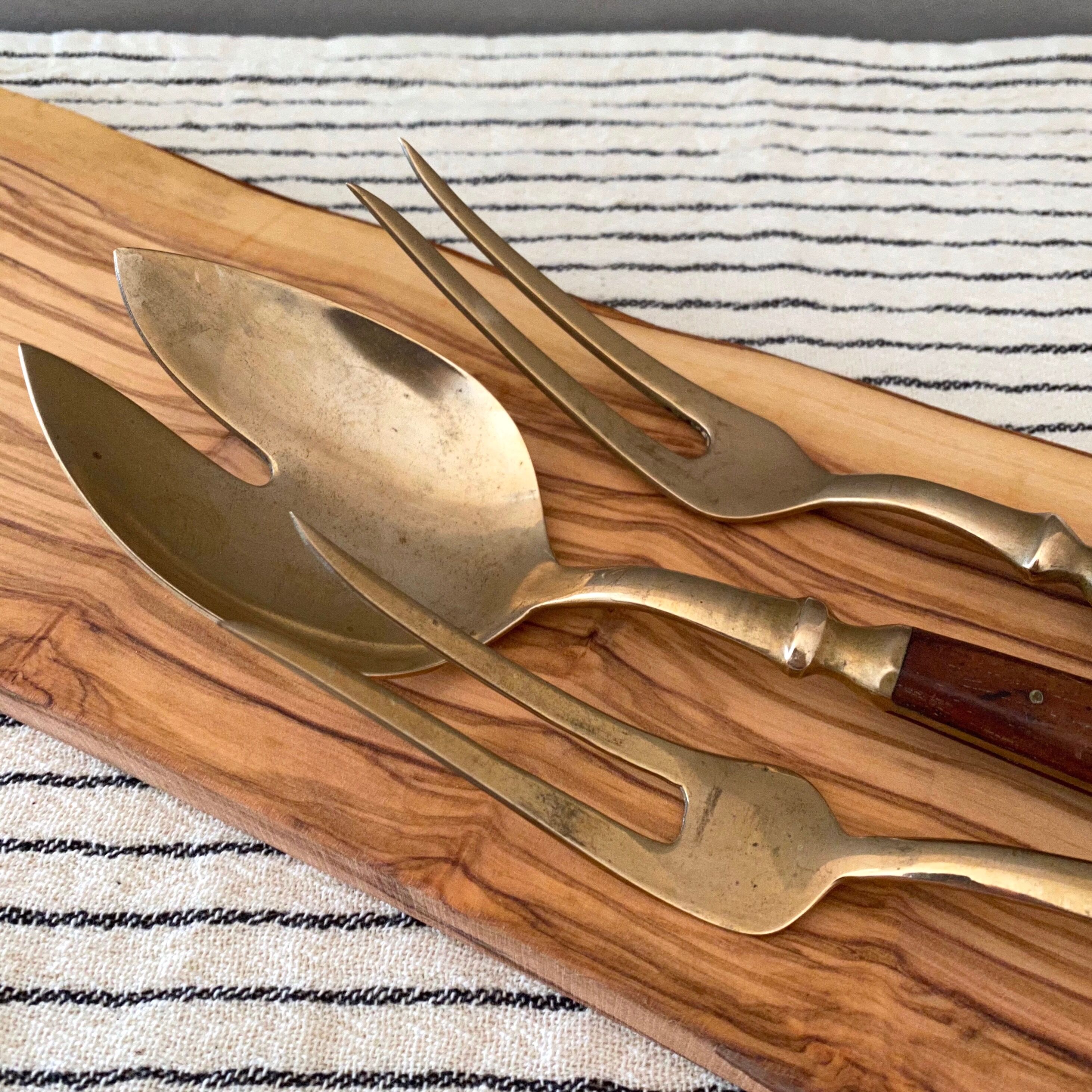 French Vintage Serving Set, Spoon and Fork, Wood Brass, Mid Century Cutlery