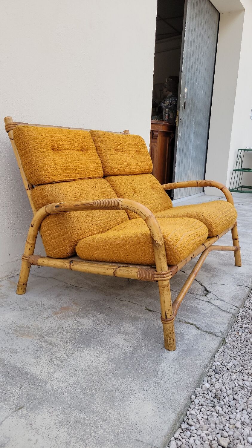 Salon canapé, 2 fauteuils et table basse en rotin vintage fabrication 1950