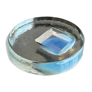Vintage Mid-Century Murano Glass Ashtray in Frosted Glass with Blue Accents