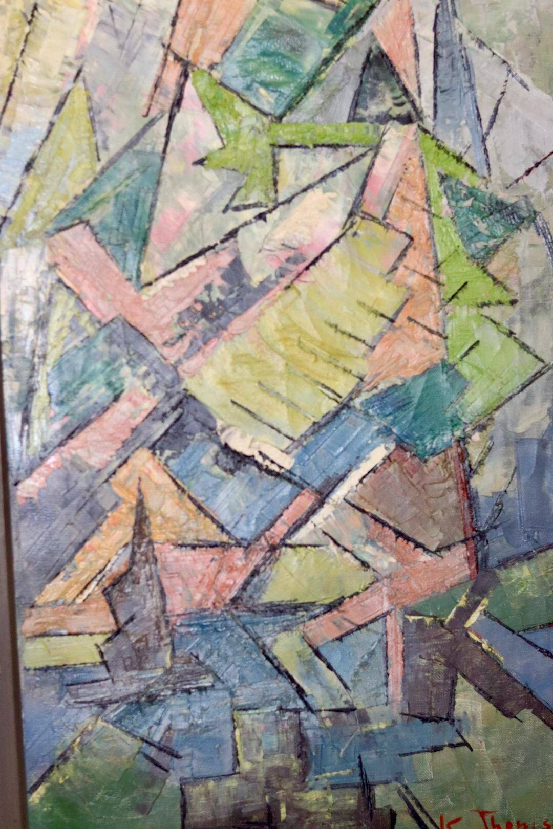 Original Swedish Mid-Century Oil on Canvas" Cubist Composition" by K. Thomsen - Vintage and Framed