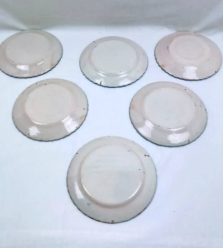 Set of 6 antique Auvillar plates – polychrome floral basket decoration