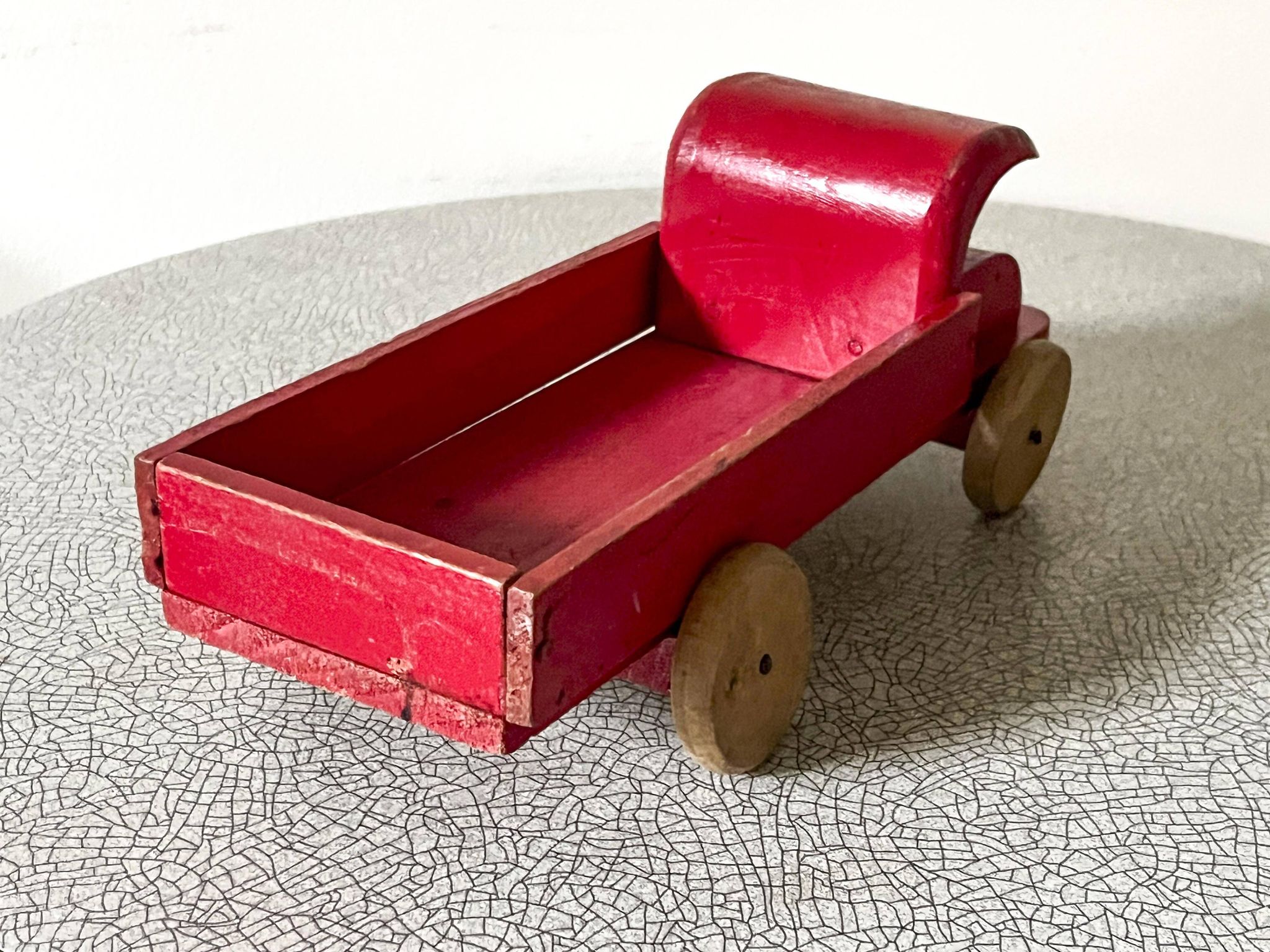 Red wooden flatbed truck, vintage toy