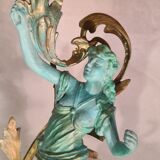 Old lamp in green and bronze patinated regula with pretty multi-colored opaline tulip