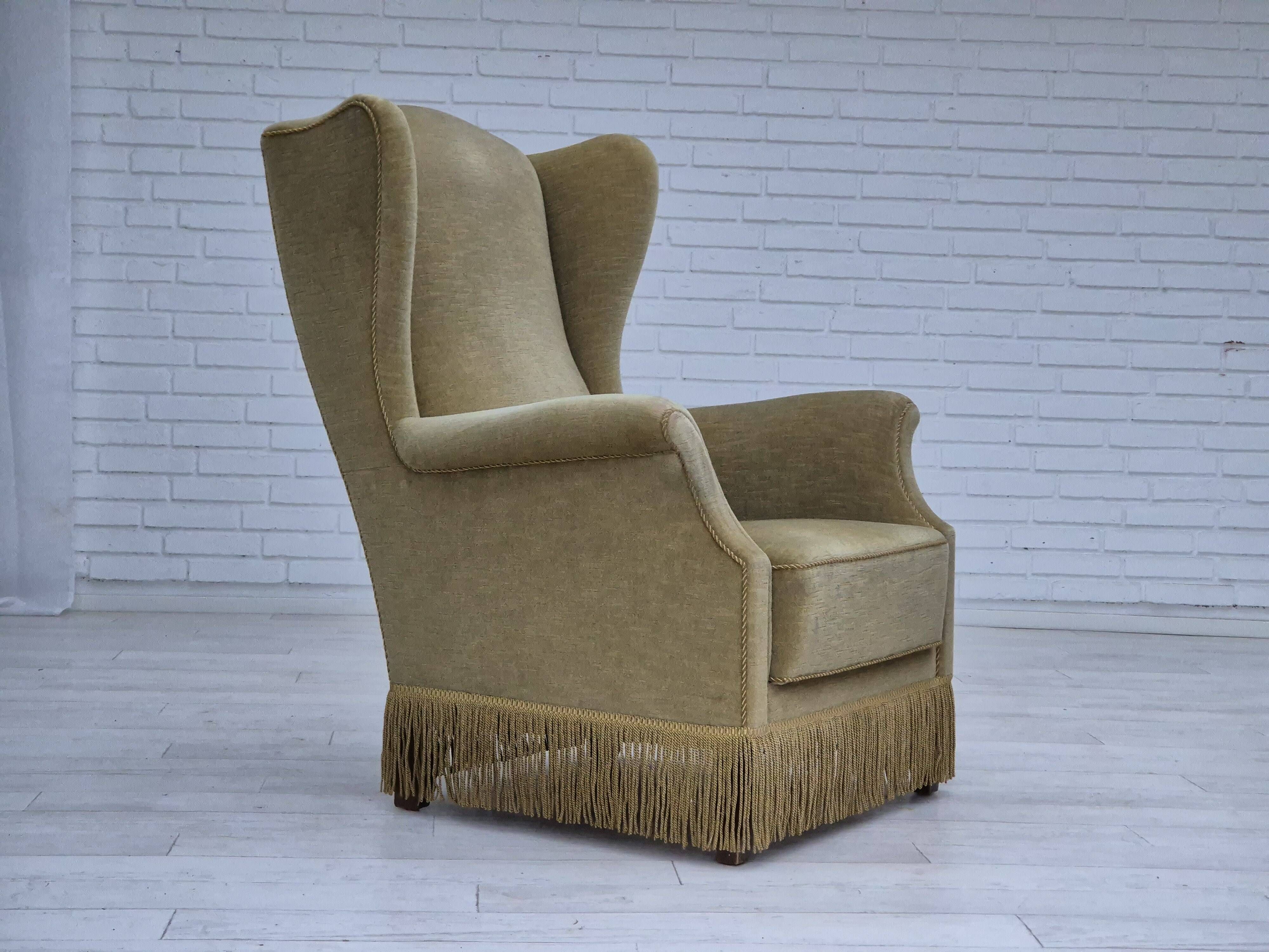1970s, Danish design, wingback armchair, original condition, furniture velour, beech wood legs.