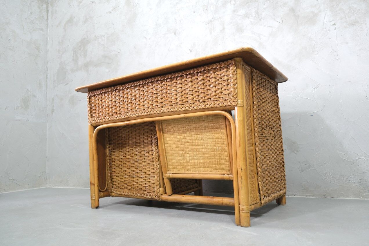 Mid-century italian bamboo, rattan and teak desk, 1960s