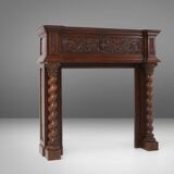 Richly decorated antique fireplace in oak, Belgium ca. 1920