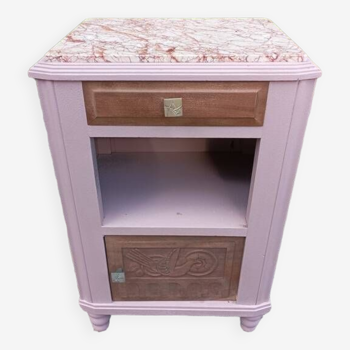 Table de nuit chevet bois massif tiroir porte rose patiné marbre