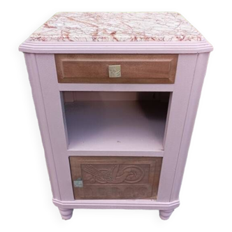 Table de nuit chevet bois massif tiroir porte rose patiné marbre
