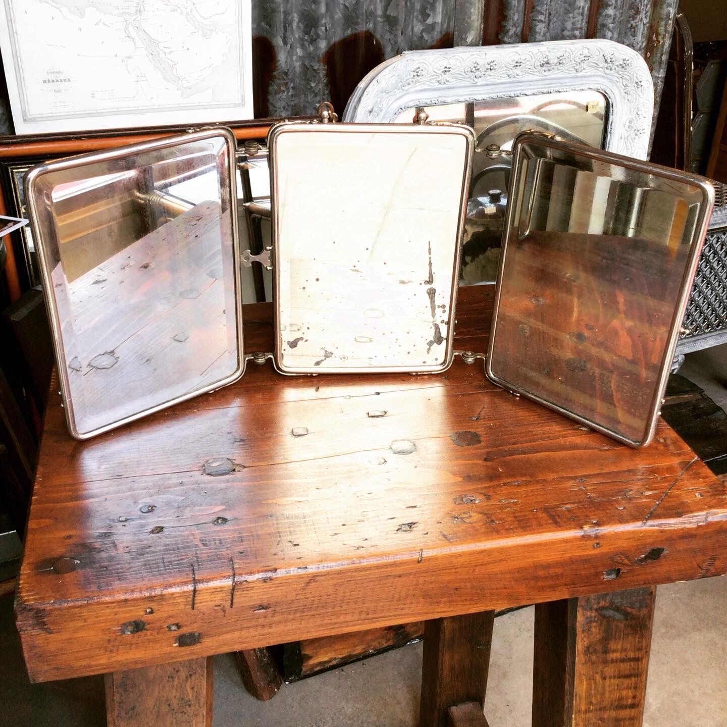Bevelled triptych barber mirror 57x16cm