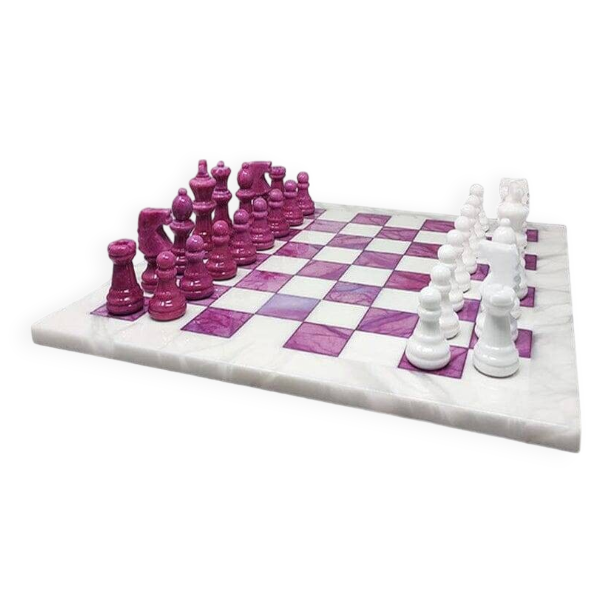 Superbe jeu d'échecs rose et blanc des années 1970 en albâtre de Volterra fabriqué à la main en Italie