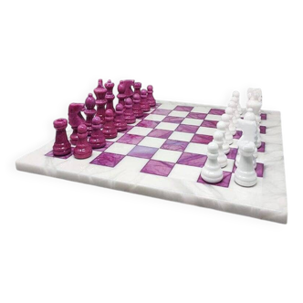 1970s Stunning Pink and White Chess Set in Volterra Alabaster Handmade Made in Italy