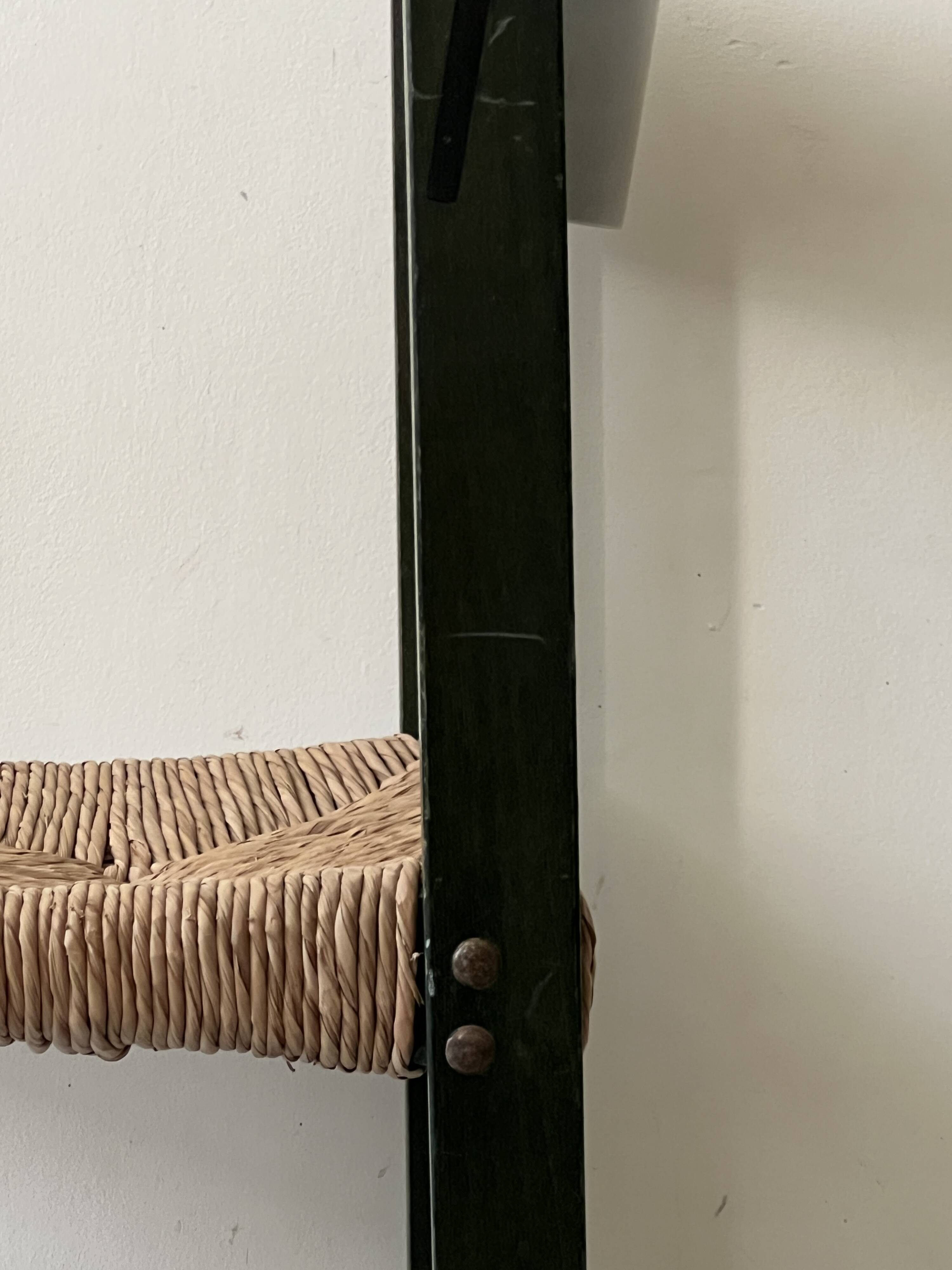 Bottle green patinated wooden straw chair, France 1950