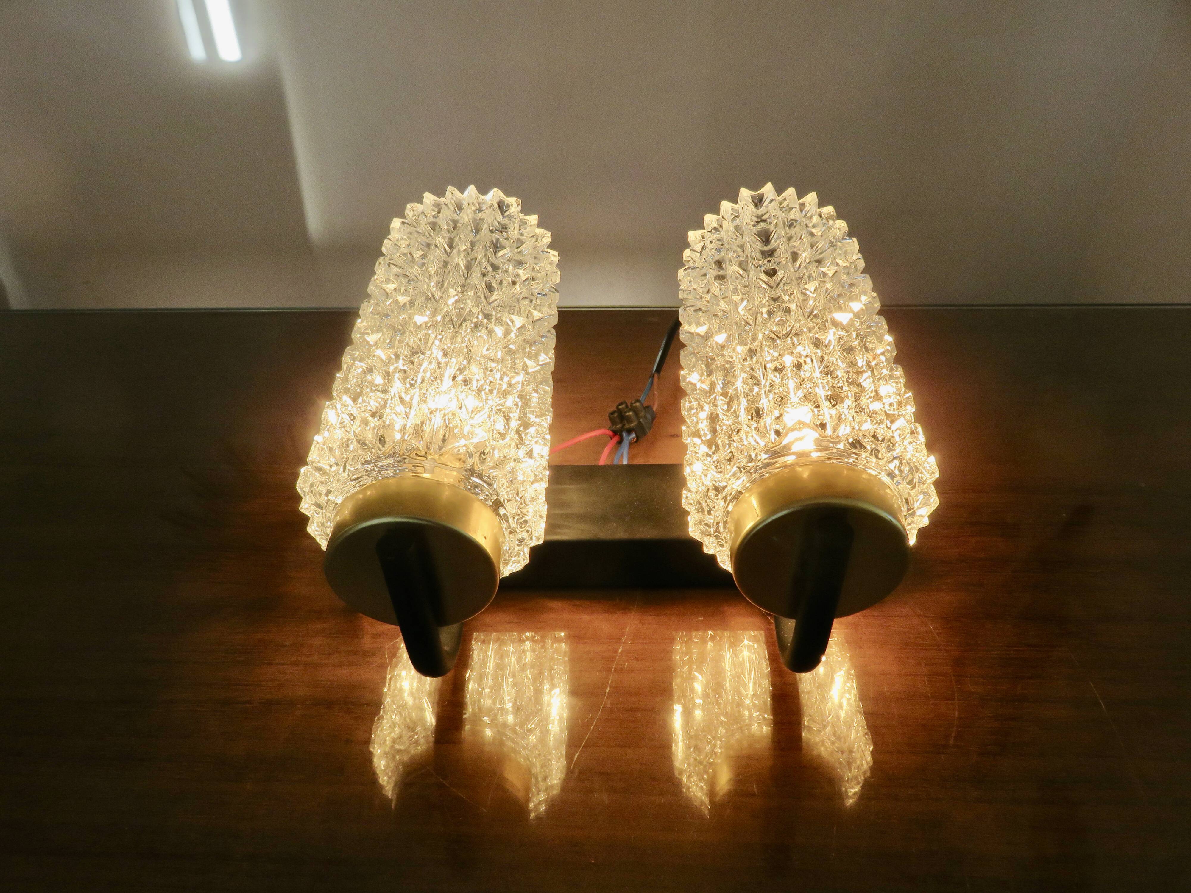 Arlus style double wall lamp in gold metal and black lacquered metal, diamond tip glass 1960