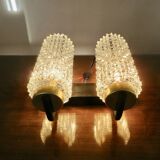 Arlus style double wall lamp in gold metal and black lacquered metal, diamond tip glass 1960