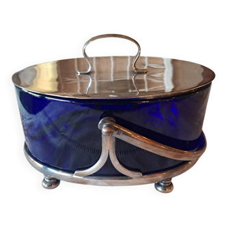 Silver-plated metal and blue glass biscuit jar