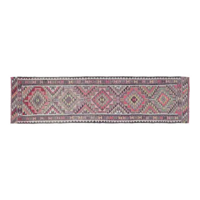 1970s Vintage Turkish Oushak Handmade Wool Cotton Pink Runner Rug 87x333