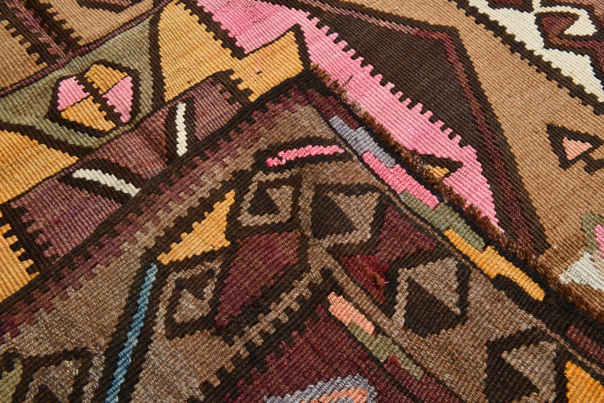 4x13 Kilim Long Wide Brown Handmade Turkish Kilim Runner Rug, 131x404 Cm