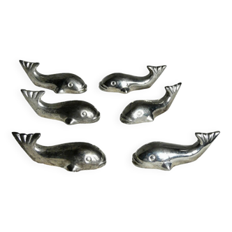 Service of 6 silver metal knife holders in the shape of a vintage whale 1960-70
