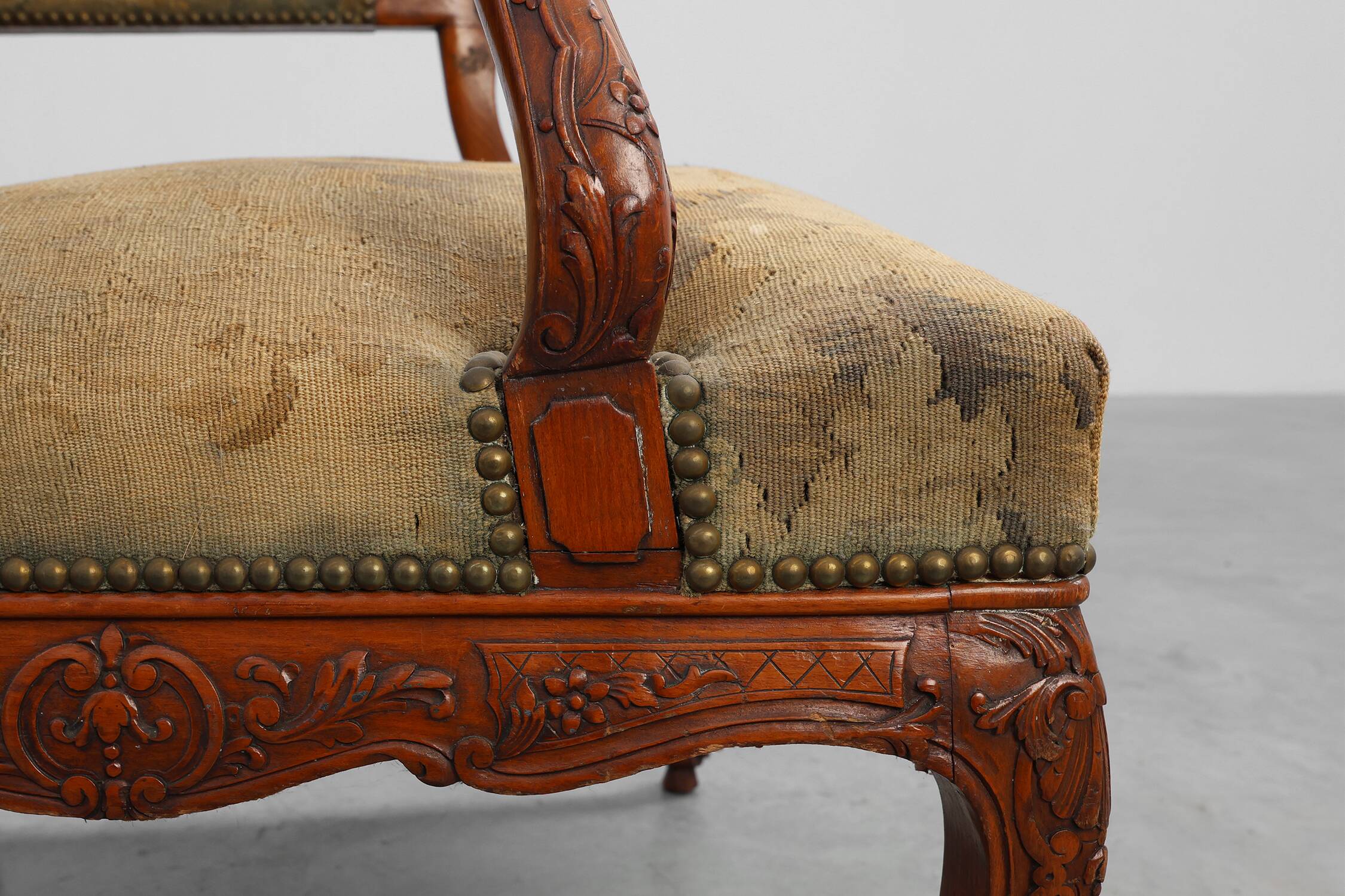 Carved Walnut Armchair with Cabriole Legs and Tapestry Upholstery, France