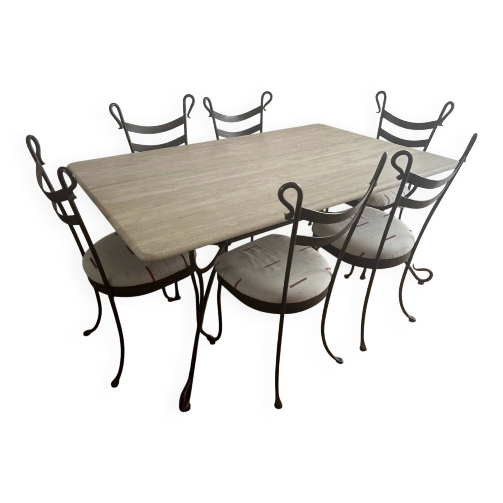 Travertine and wrought iron dining table + 8 chairs