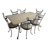 Travertine and wrought iron dining table + 8 chairs