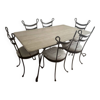Travertine and wrought iron dining table + 8 chairs