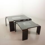 Square Black Lacquered Plywood Coffee Table with Smoked Glass Panel, 1970s
