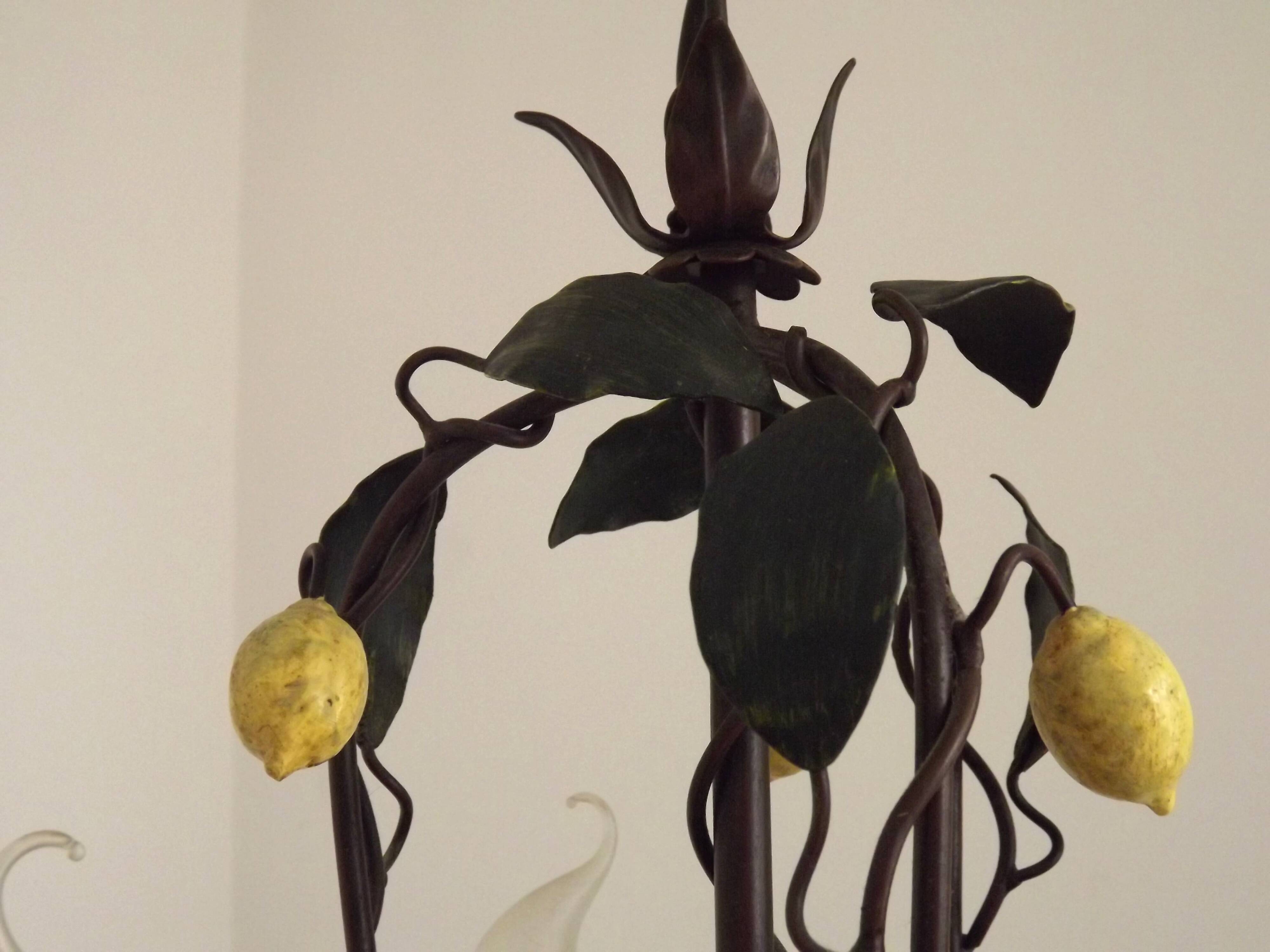 Lustre français à 3 lumières, brun clair, avec feuilles vertes, citrons et oranges 5473