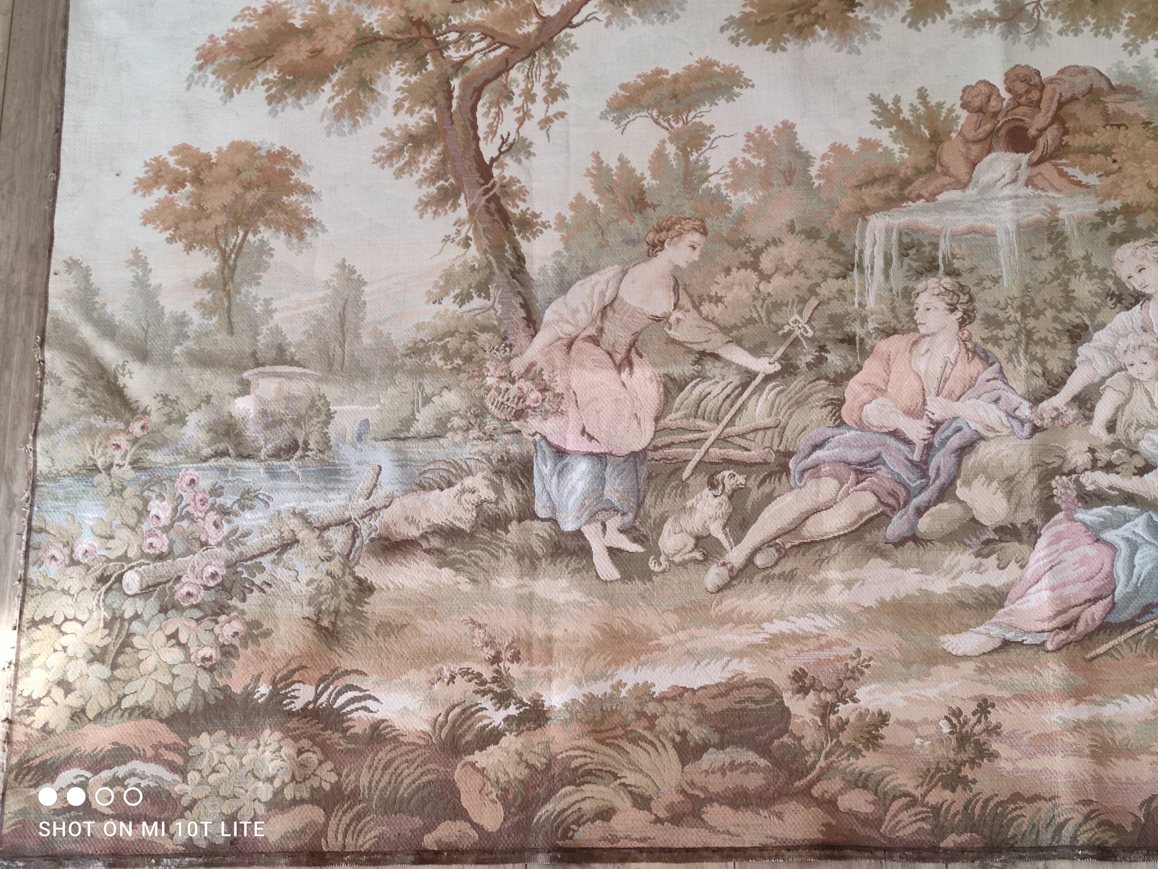 Wall tapestry type Gobelins middle 20th country decoration polychrome shepherds, shepherdesses and sheep