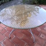 Dining table rattan and glass top & vintage metal legs