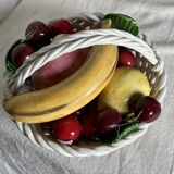 Vintage 1960s Trompe-l'Œil Fruit Basket in Woven Ceramic with Slipware