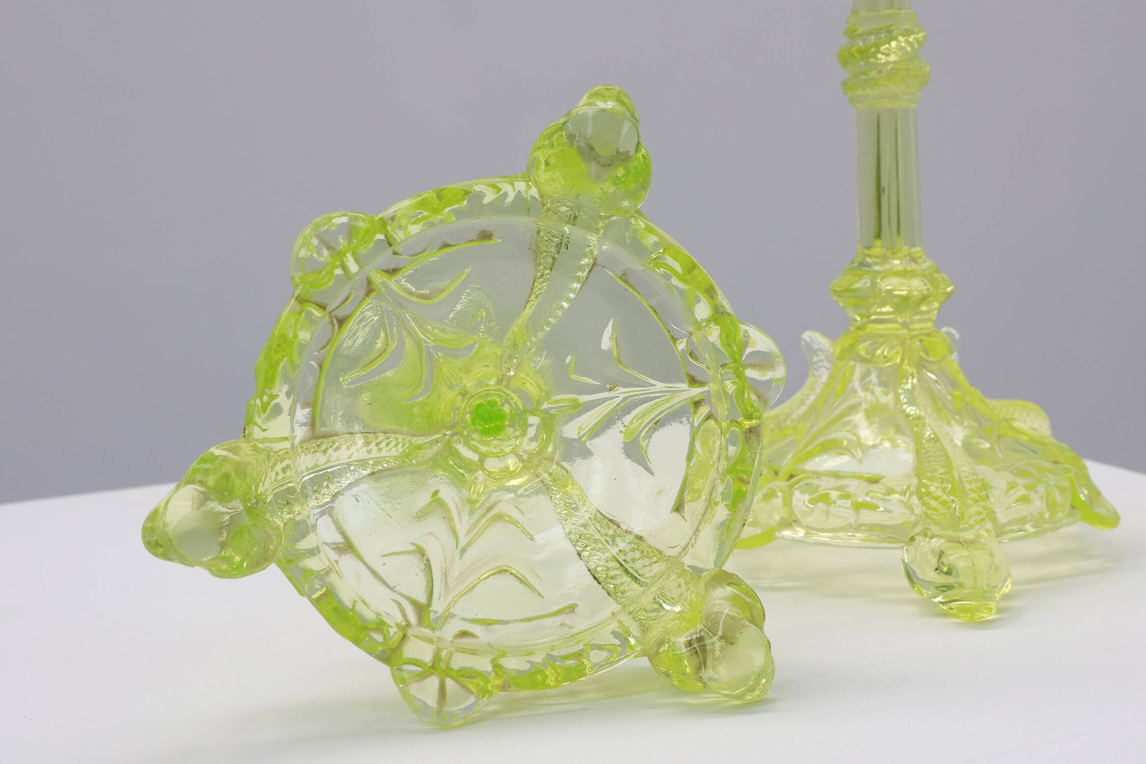 Pair Uranium or annagreen glass candlesticks by Vallerysthal & Portieux