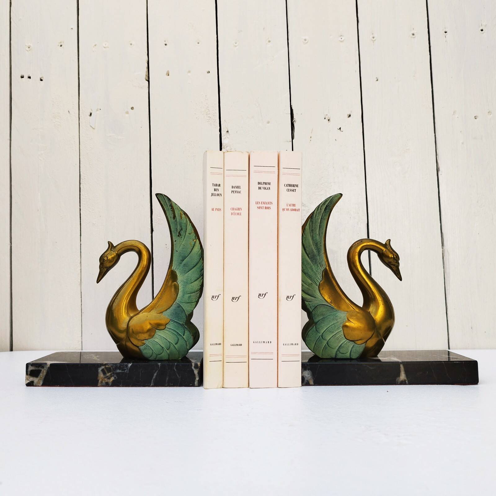 Pair of art deco golden swan bookends